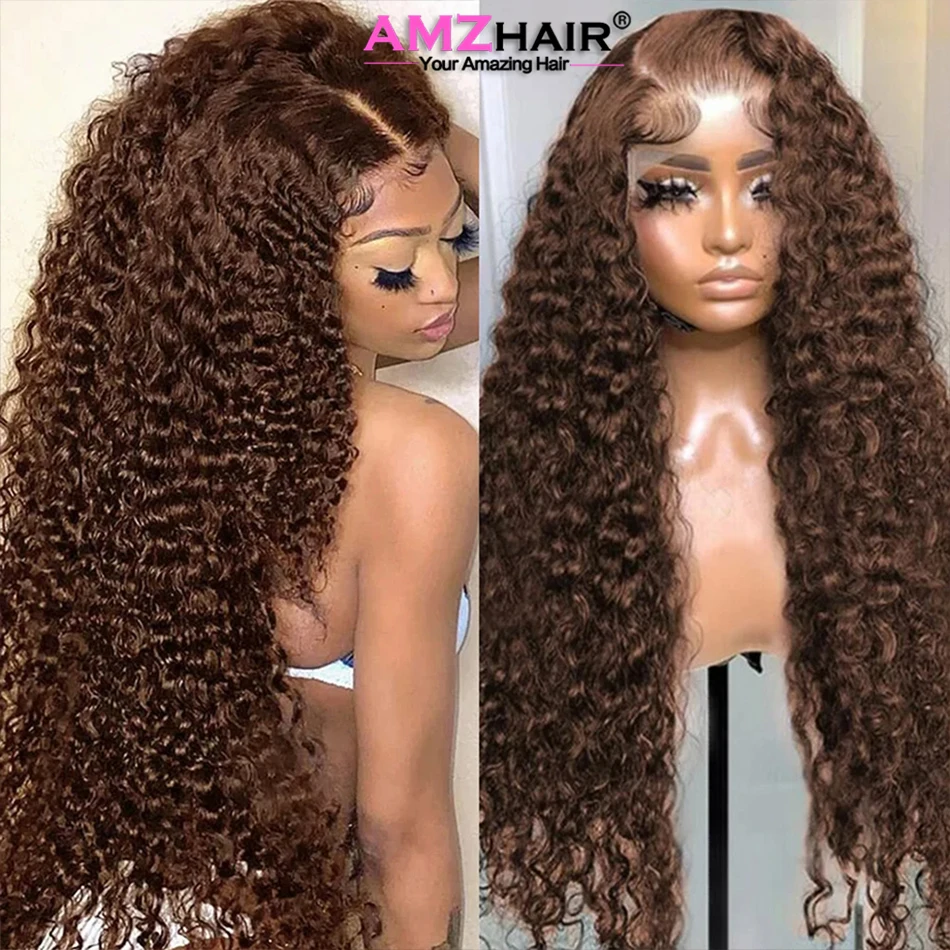 Kinky Curly Hd Chocolate Brown Lace Frontal Human Hair Wigs For Women Brown Colored 13x4 Lace Front Wigs 4x4 Closure Curly Wigs