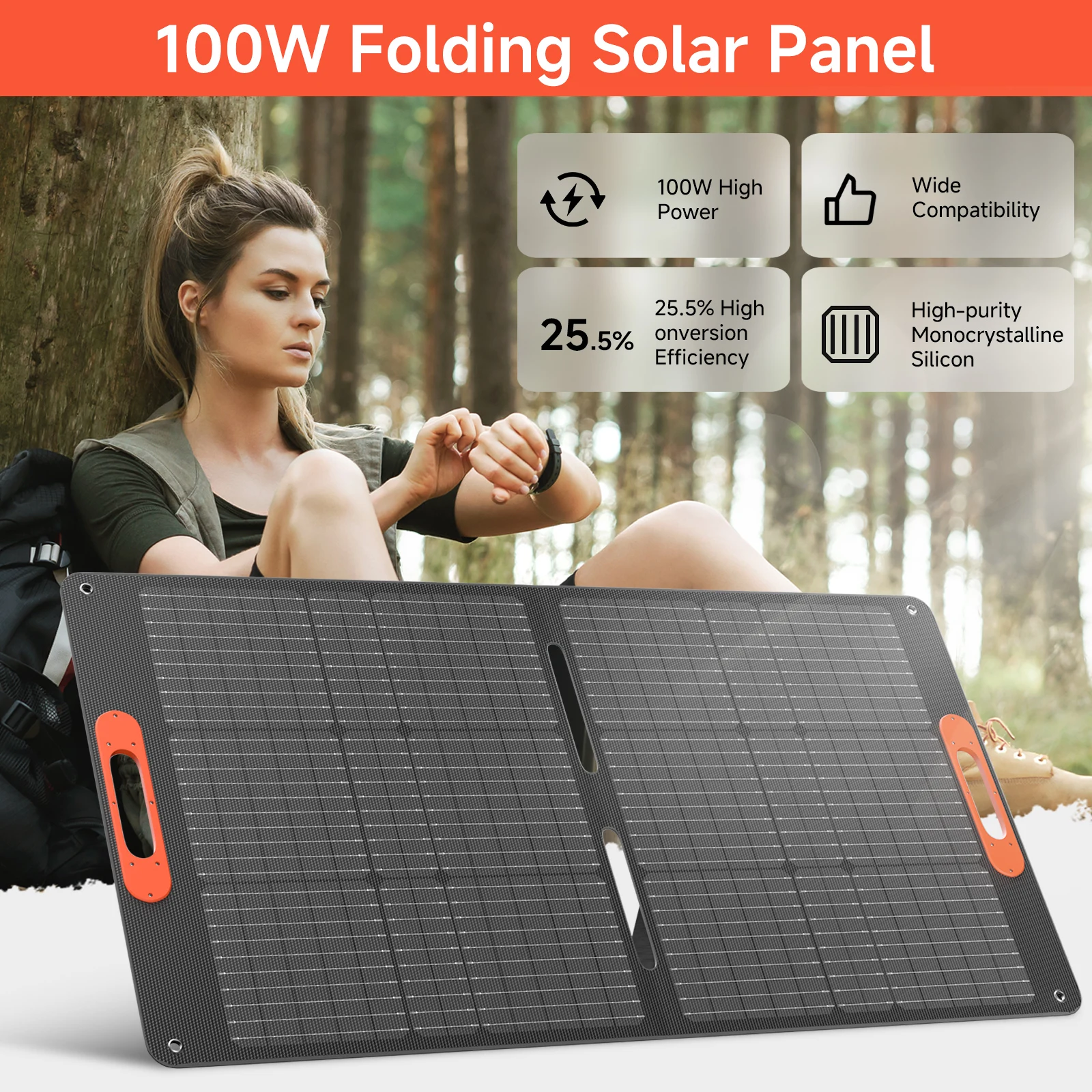 RVPOZWER 100W Rigid Monocrystalline Solar Panel Integrated Design IP68 Waterproof 25.5% High Efficiency Portable Solar Charging Panel for Power Station RV Outdoor Camping Home Off Grid Power