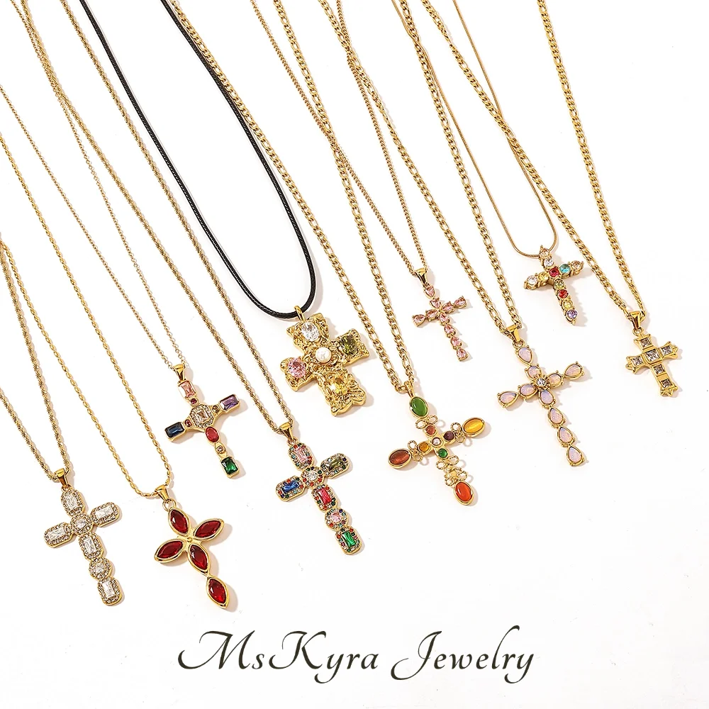 

MsKyra Stainless Steel Necklace Plated 18k Gold Color Jewelry Waterproof Pearl Zircon Stud Cross Necklace For Women Gift