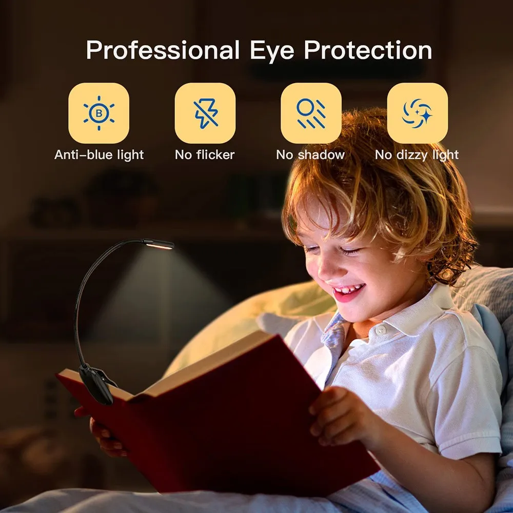 Lampu Buku LED 7 Lampu Baca USB Isi Ulang 3 Tingkat Lampu Baca Malam Klip Mudah Fleksibel Portabel Siang Hari Putih Dingin Hangat