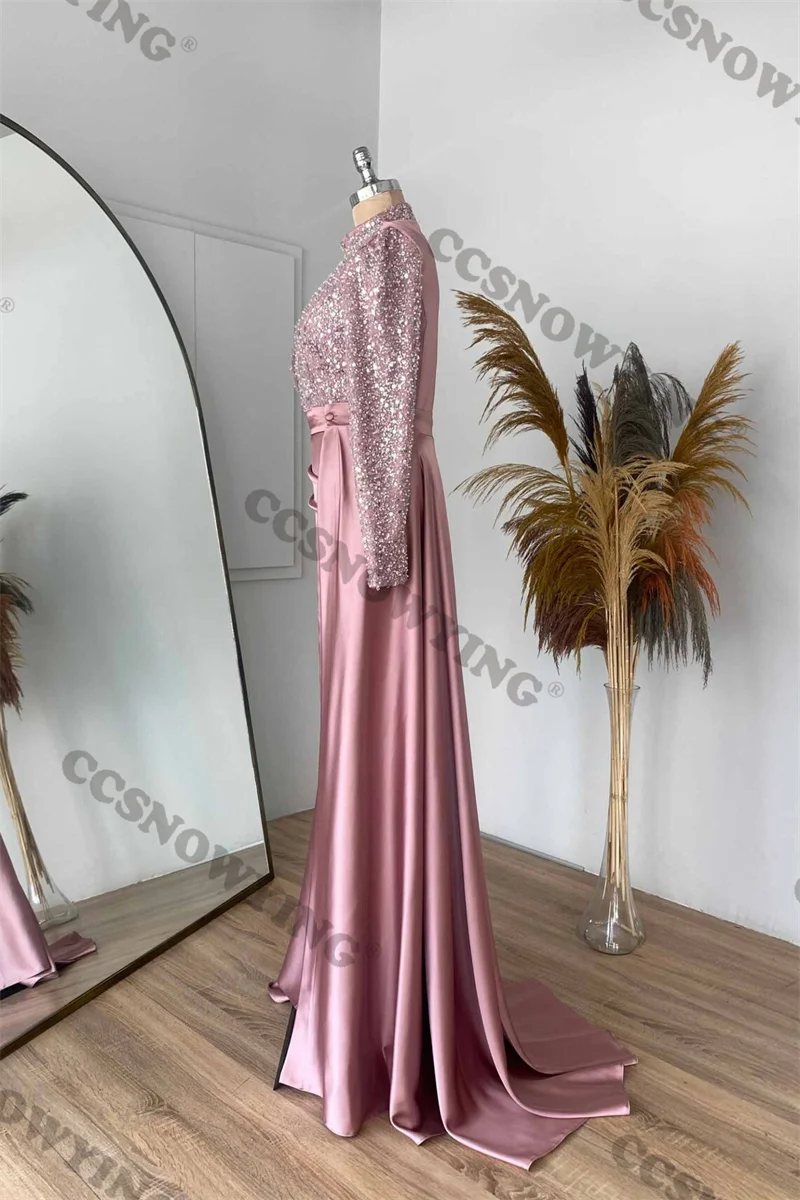 Satin Sequin Long Sleeve Muslim Evening Dresses Hijab High Neck Islamic Formal Party Gown Women Arabic Dubai Robe De Soiree