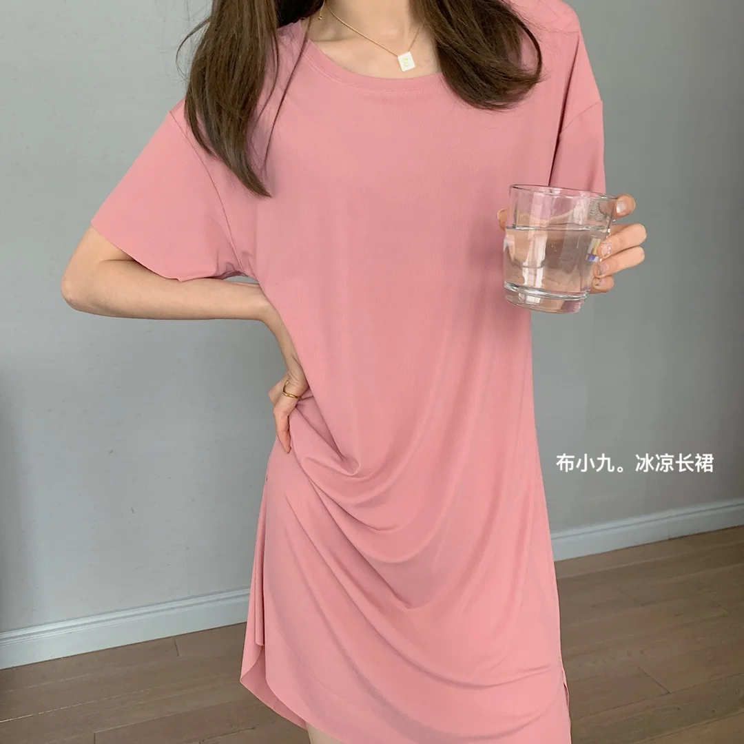 Cool Summer Short Sleeve Thin Casual Lovely Stripes Drape Girl Home Skirt Round Neck Cute Nightdress Girls Nightgown