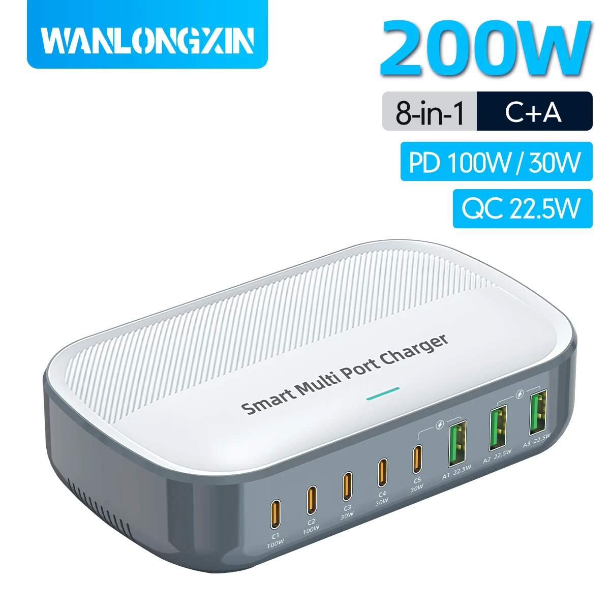 200W GaN Charger PD Fast Charging USB Type C Charger PD 100W 8 in 1 USBC Power Station For iPhone 17 16 15 Pro Max Xiaomi 14