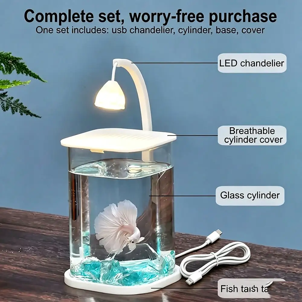 Betta Fighting Fish Exclusive Ultra White Glass Lazy Tank, Small Desktop Aquarium With High-End Decorative Viewing Light, Compact Tabletop Ornament For Home Living Room Study Desk Decoration