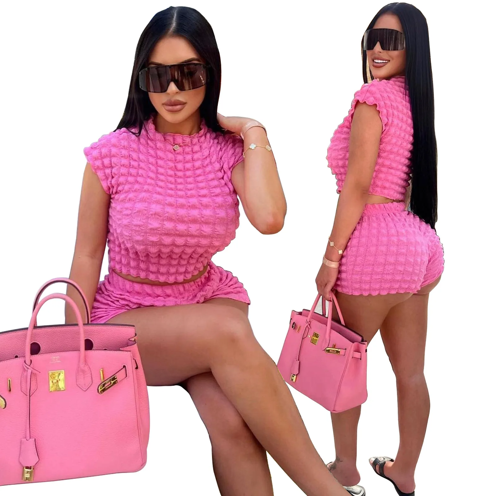 Summer 2023 Stretch 2 Pieces Shorts Sets for Crop Top Sets Women Clothing Bubble Women Shorts Set