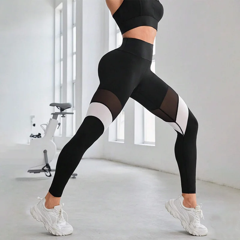 Mallas de Yoga de cintura alta para mujer, Leggings de entrenamiento con Control de barriga, color bloqueado