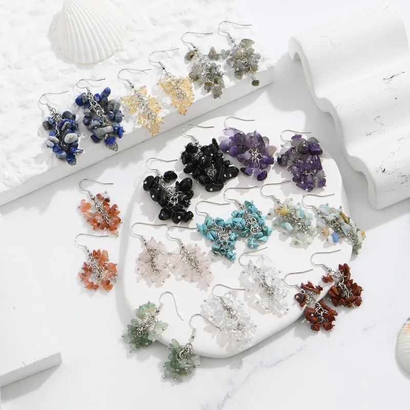 10pairs Natural Stone Crystal Grape Tassel Earrings Chip Gemstone Amethyst Lapis Tiger's Eye Rose Quartz Chakra Crystal Earring