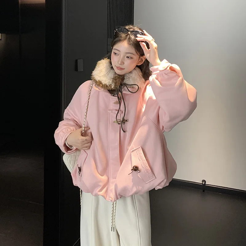 2026 Women Short Jackets Loose Puffer Jacket Winter Bow Faux Fur Collar Thickened Warm Zipper Pockets Casual Ladies Outfit