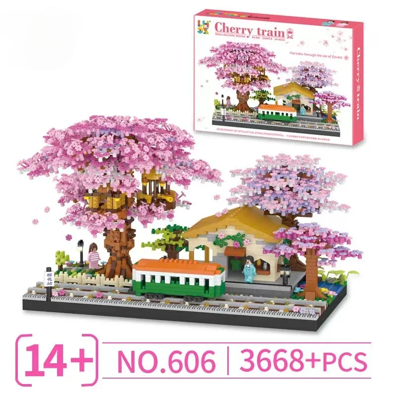 DIY Discoloration Cherry Blossom Flower Pink Tree House Train Assembly Building Blocks Model Bricks Sets Kid Holiday Toys Gifts