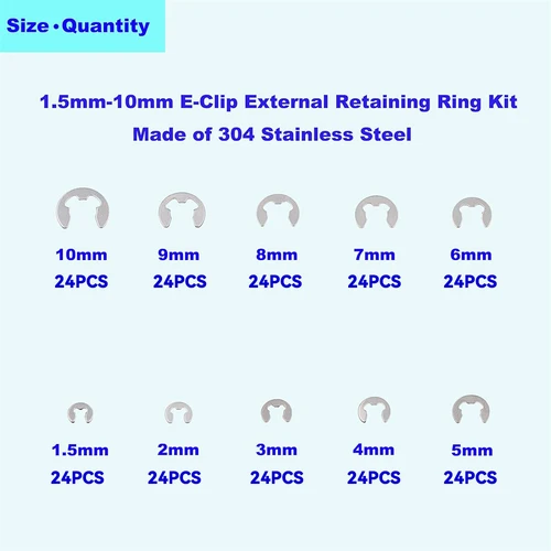 Imagen 2 del producto 240 Uds 1,5/2/3/4/5/6/7/8/9/10mm E-Clip anillos de retención externos juego surtido de anillos a presión 304 Clips tipo E de acero inoxidable C-Clip