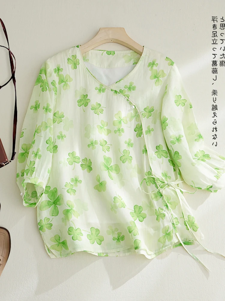 Stampa floreale Loose Fit irt Donna V-Ne Button Dettaglio Lanterna di cotone Sve Top casual di lunghezza sette quarti Estate 2024