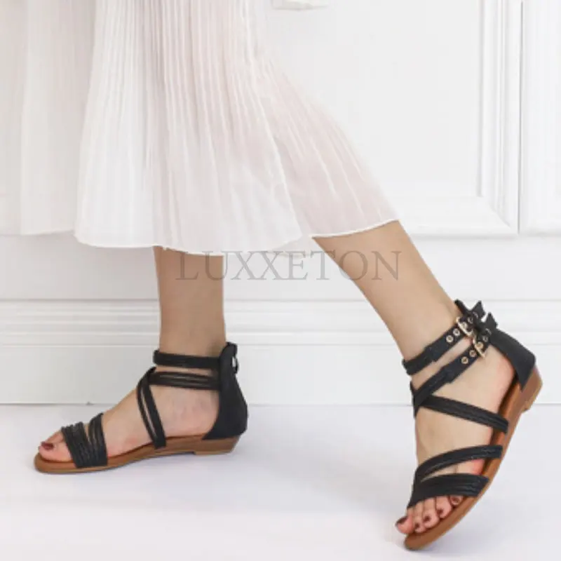 Female Serpentine Cross Straps Open Toe Flat Sandals Fashion Soft Bottom Rome Sandals Summer Shoes Women Sandalias mujer