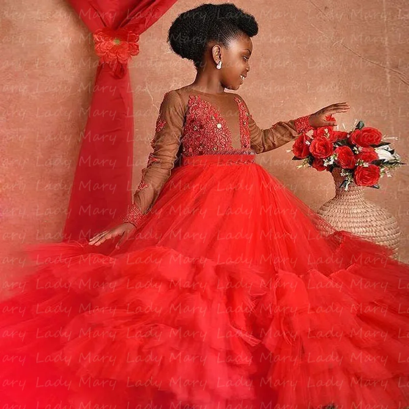 Customized Lovely Red Flower Girl Dresses Lace  Long Sleeves Big Bow Back Tutu Skirt Sweet Kids Birthday Party Gowns Toddler