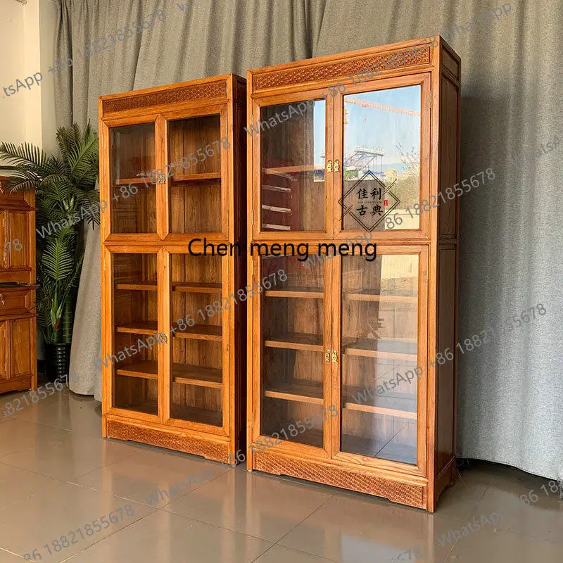 

Chinese camphor wood bookcase with glass study file cabinet retro storage locker