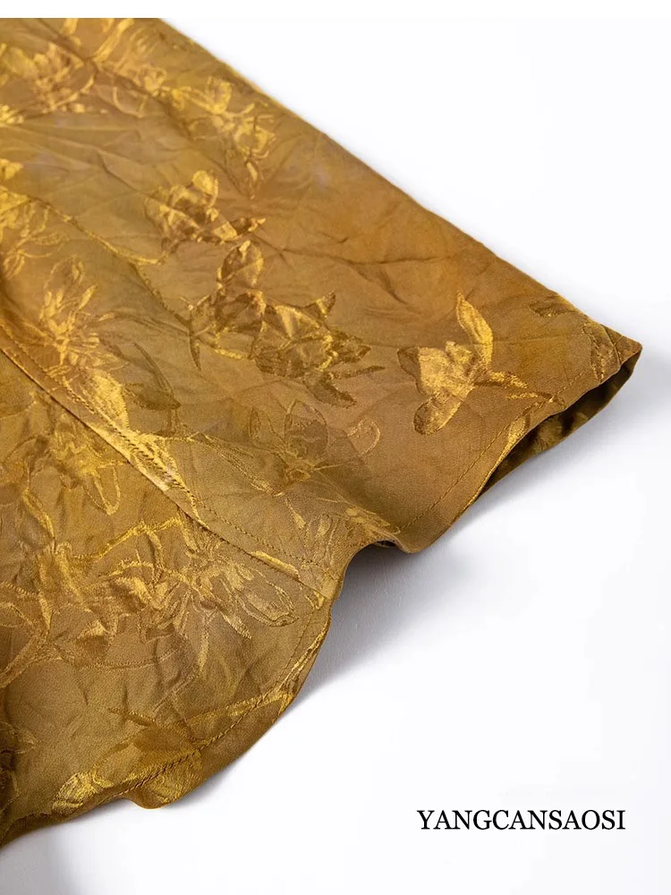 Rich Gold Grass Stained Double Sided Breathable 100% Natural Mulberry Silk Gambiered Guangdong Gauze Batwing Sleeve Loose Coat