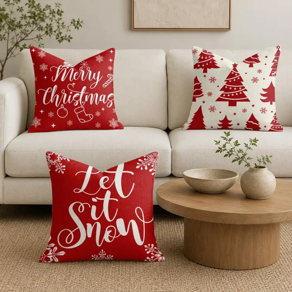 Christmas Winter Lettering Patterns Cushion Cover Natural Linen Fabric Double-Sided Printing Sofa Home Decor Gift Pillow Cover