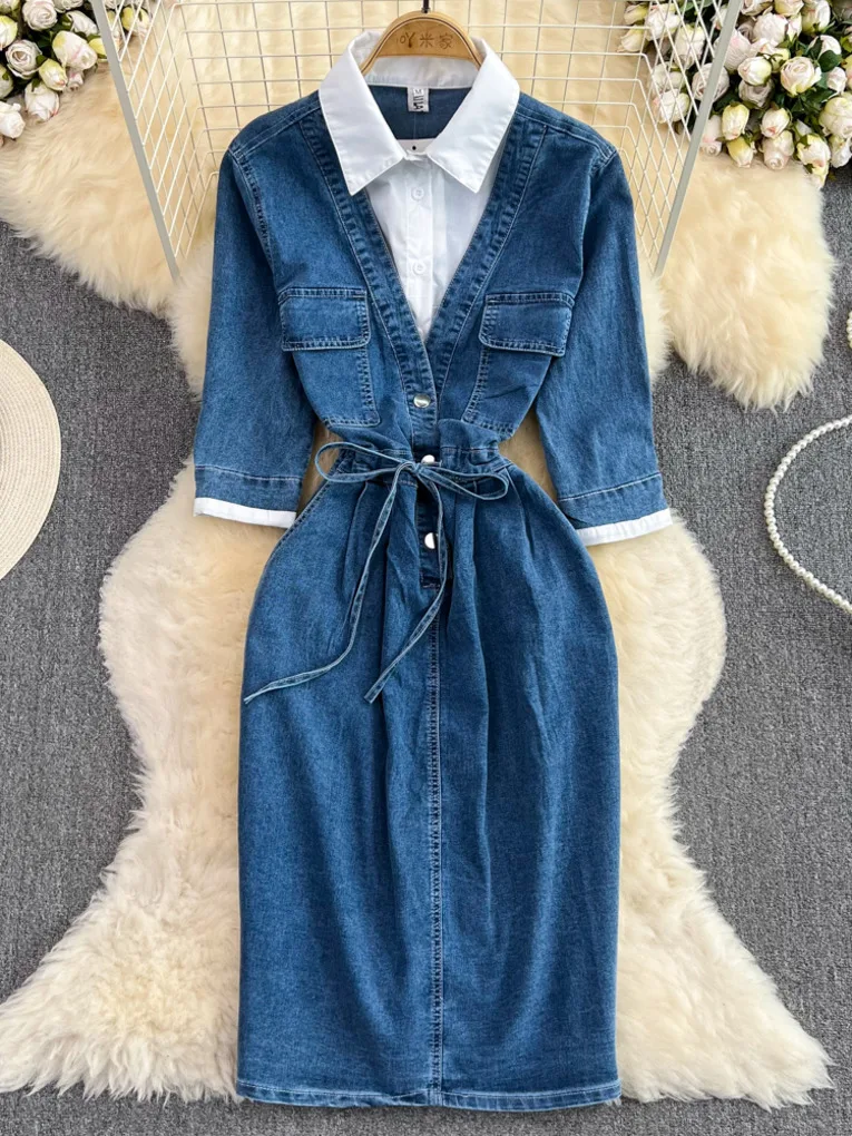 Foamlina Casual Women Denim Drss Elegant Shirt Patchwork Half Sleeve Buttons Pockets Draw String Lace-up One Piece Jeans Dress