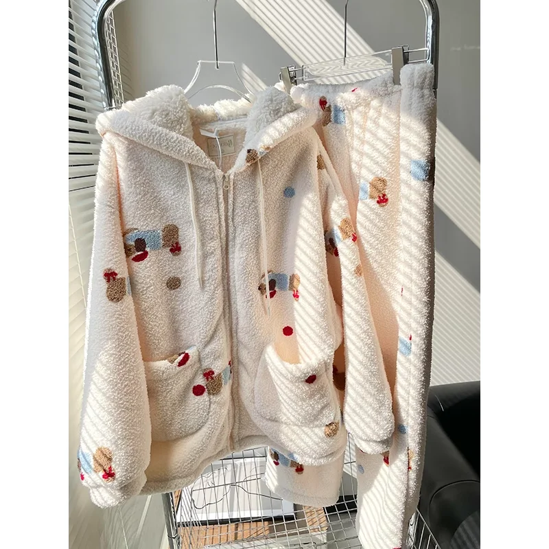 

Комплект пижамы из кораллового флиса с мультяшным таксой, утепленный, для полных людей, зимняя домашняя одежда