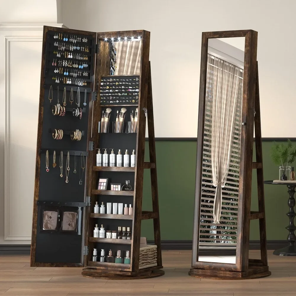 

LED Mirror Jewelry Cabinet Standing, 360° Swivel Jewelry Organizers and Storage, Farmhouse Mirror with Jewelry Storage,