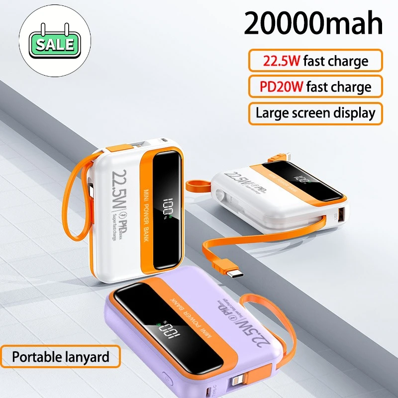 

Portable PD 22.5W Fast Charging 20000mah Mini Power Bank USB C Built-in Cable Spare Battery for Iphone15 16 Samsung Xiaomi New