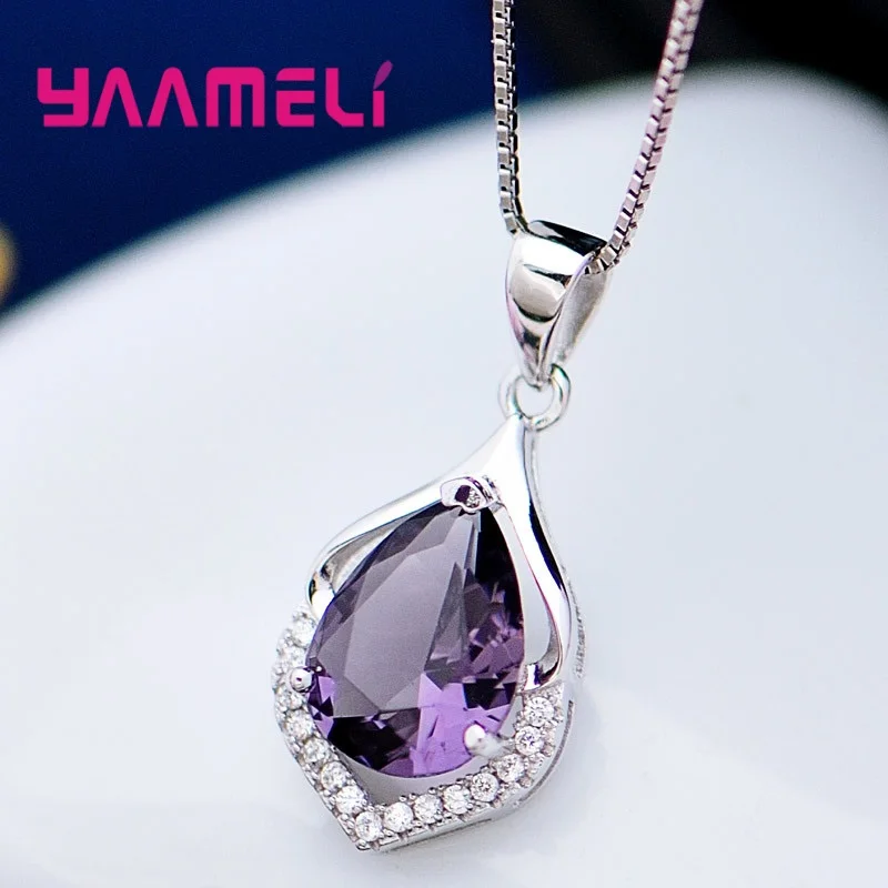 Elegance Amethyst Purple Crystal Water Drop Pendant Necklace for Women Birthday Christmas Gift 100% 925 Silver Collar