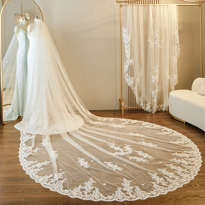 Voile de mariée ivoire blanc cassé pour femme, long voile de mariage cathédrale en dentelle, peigne en métal