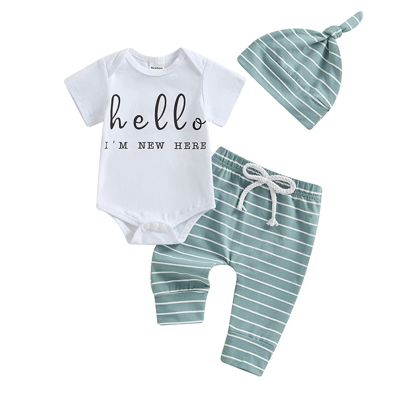 

Newborn Baby Boy Farm Outfits Letter Print Romper Pants Hat 3PCS Cute Infant Boy s Clothes Set