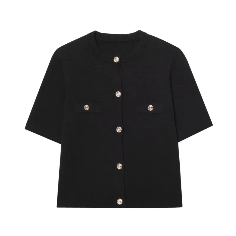 Cardigan de malha feminina com botão outono manga curta malha feminina topo liso elástico o pescoço camisola feminina