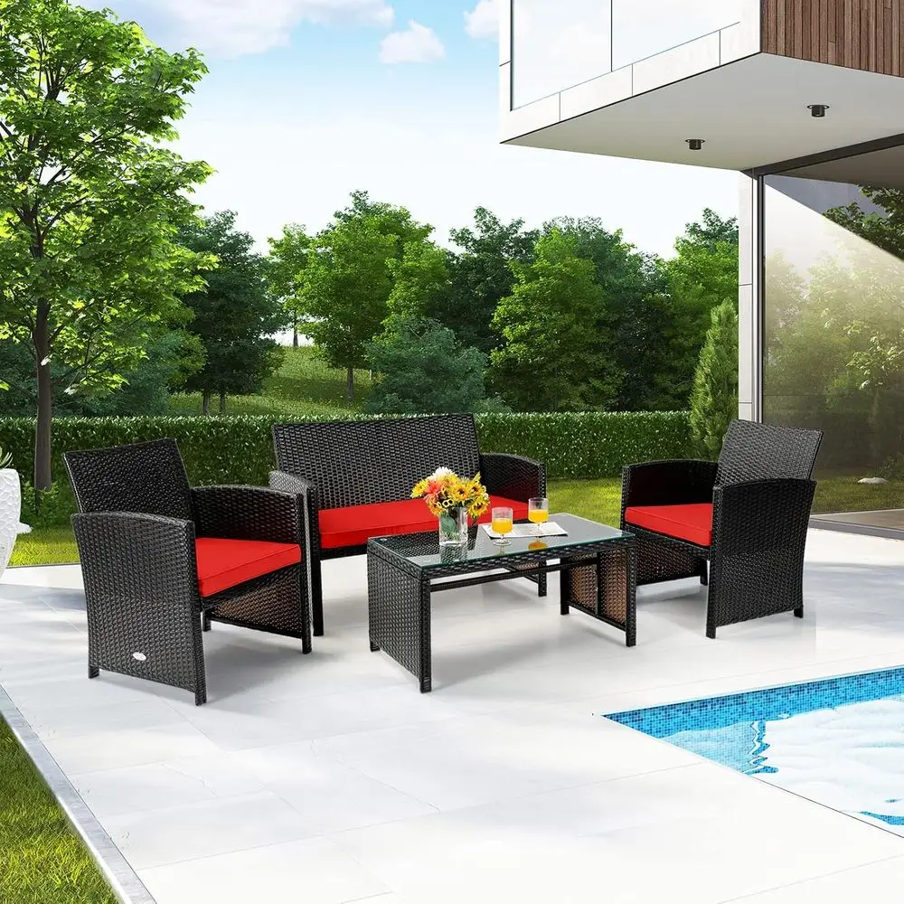 4-Piece Rattan Outdoor Furniture Set with Loveseat, Chairs, and Glass Coffee Table for Garden, Backyard, and Patio Conversation