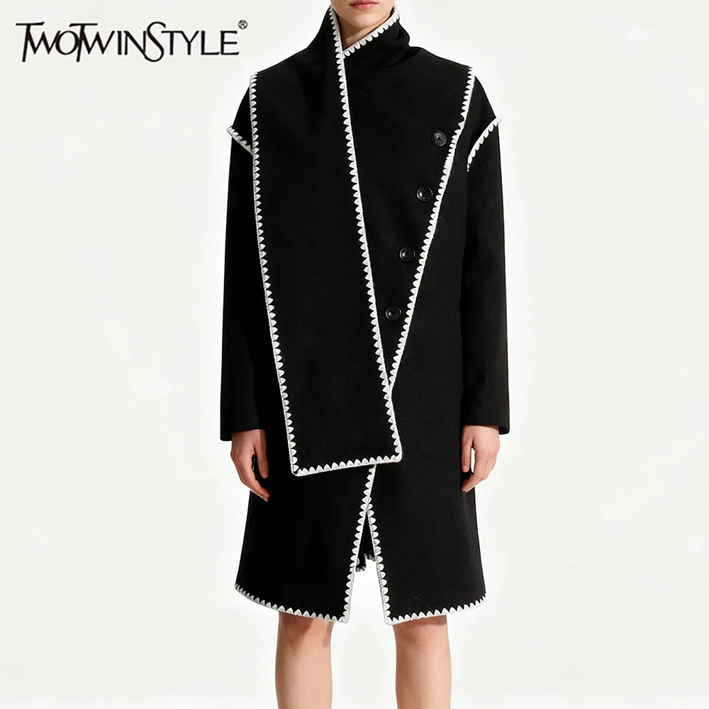 

TWOTWINSTYLE Hit Color Spliced Shawl Irregular Trenchs for Women O Neck Long Sleeves Patchwork Single Breasted Trench Female New