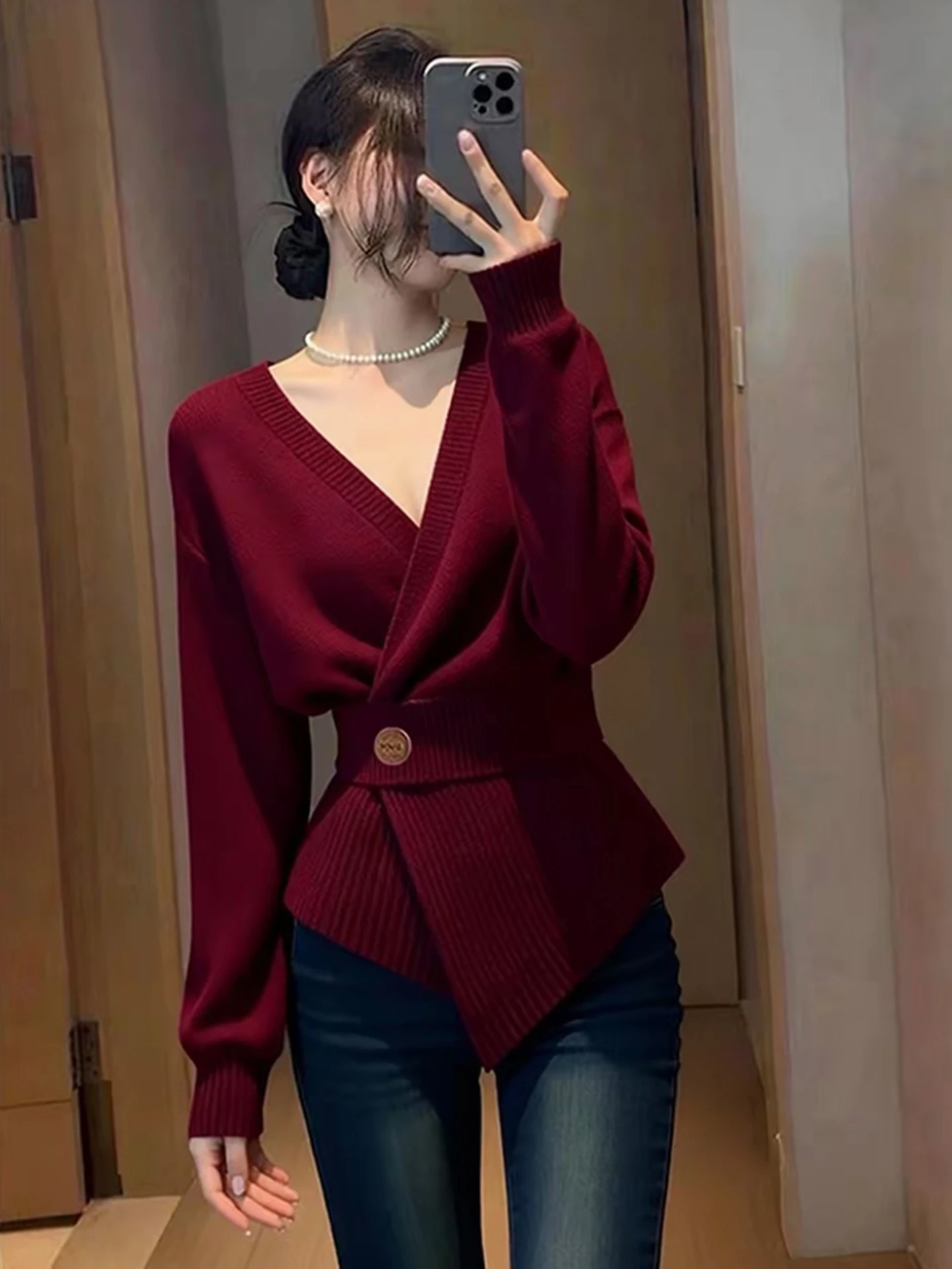 

Vintage V-Ne Wine Red Knitted Sweater Women plus Size Slimming Waist High-End Feeling Top Commute Sle Long Sve Knitwear