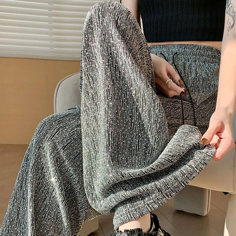 Luxury Rhinestones Wide Leg Trousers Women Korean Versatile Loose Straight Pants Woman Streetwear Chic High Waist Casual Pants