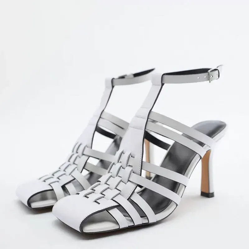 

Square Toe Woven Hollow Back Sandals Buckle Stiletto Large-Size High-Heels Pure Color Soft Leather Women Shoes Sandalias Mujer