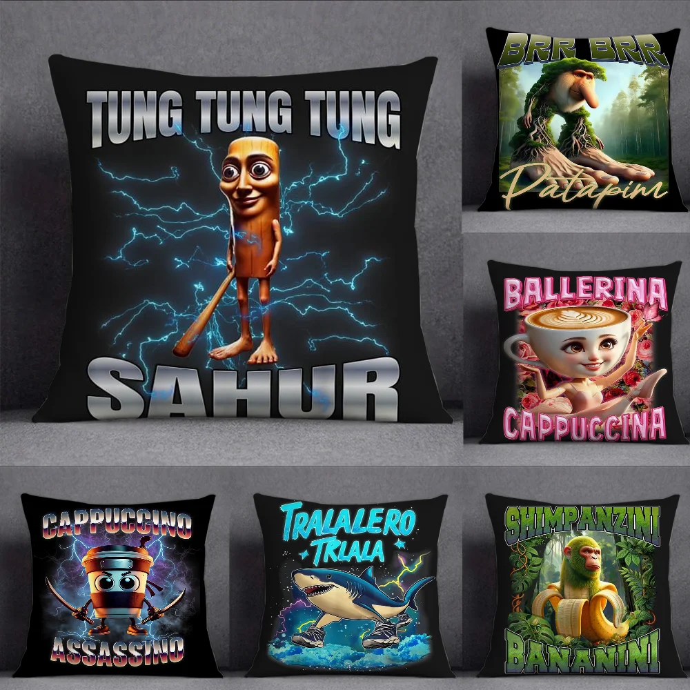 ITALlAN Brainrot Creative animal Pillow Case Square Double-Sided Printing Short Plush Sofa Cushion Cover Bedroom Bedside Pillow