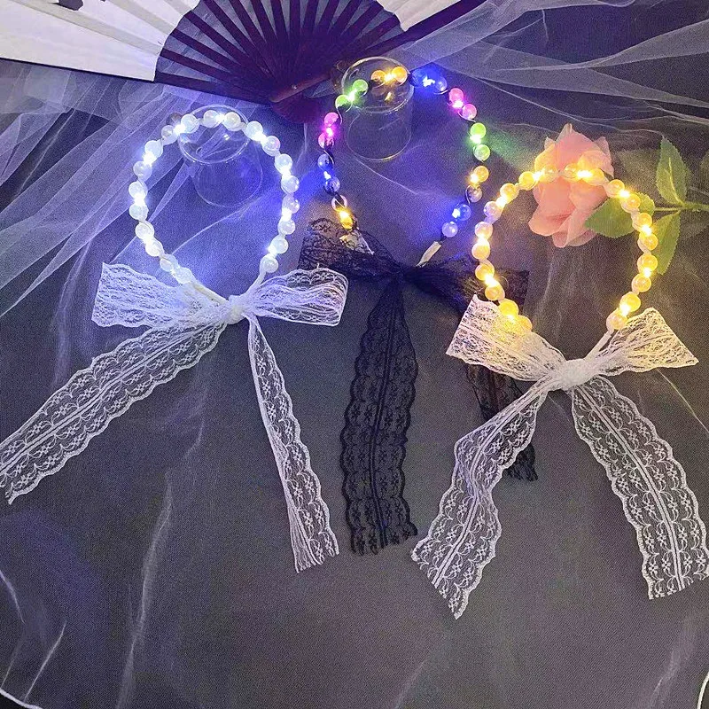 Creative Glowing Pearl Bow Hair Bands Girls Fairy Tie Hair  Gentle Lace Pearl Band Headdress Children Fun Holiday Birthday Gift