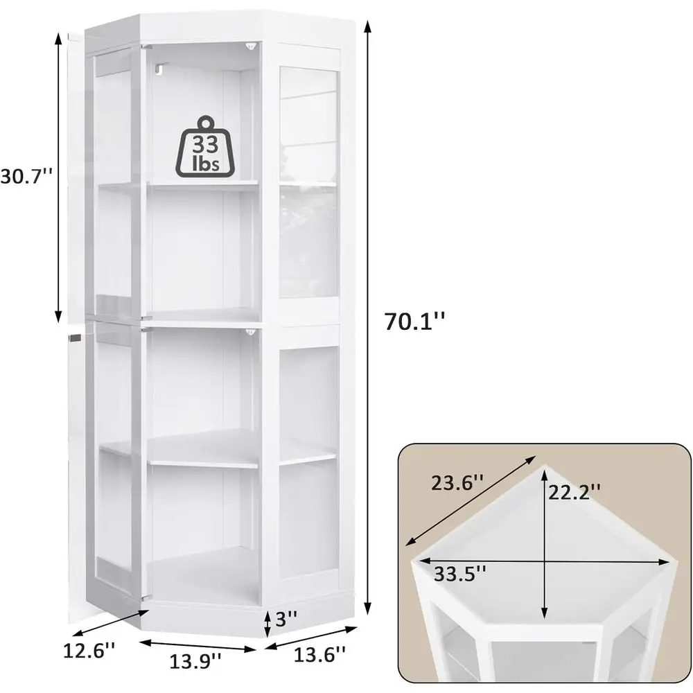 70''H Tall Cabinet with Glass Do, White | armhouse Storage Cabinet with 4 Shelves & Top Guard Rail, Home Pantry Hutch or Bar, Ki