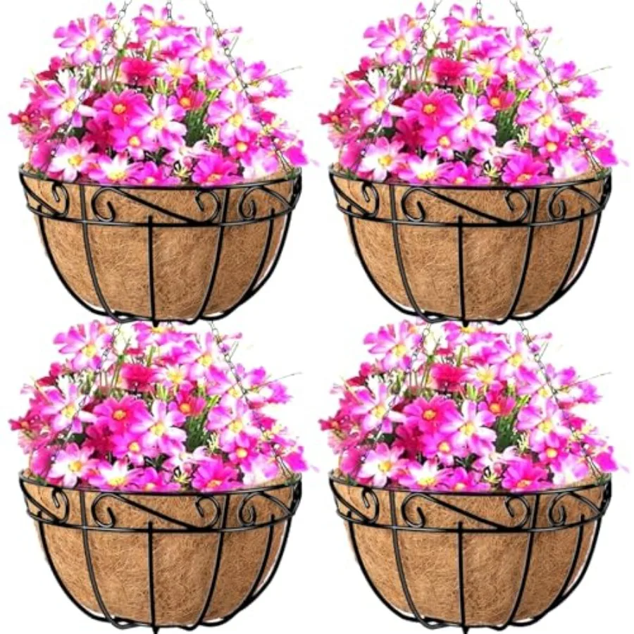 

4 Pack Metal Plant Hanging Baskets Planter Flower Pots Outdoor Indoor Wire Hanging Basket for Vegetable with Coco Fiber Liners