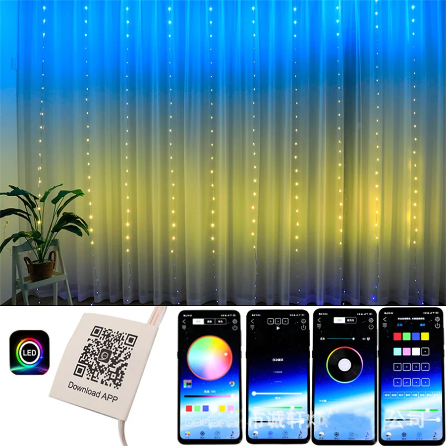 3X3M Christmas Decor LED Curtain Light Color Changing Smart RGB Window String Lights Bluetooth App Rainbow Curtain Fairy Lights