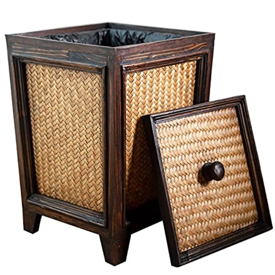 

Rattan 7L Trash Can - Hand Woven Brown Square Garbage Bin with Lid - Small Wooden Bathroom Kitchen Decorative Waste Basket