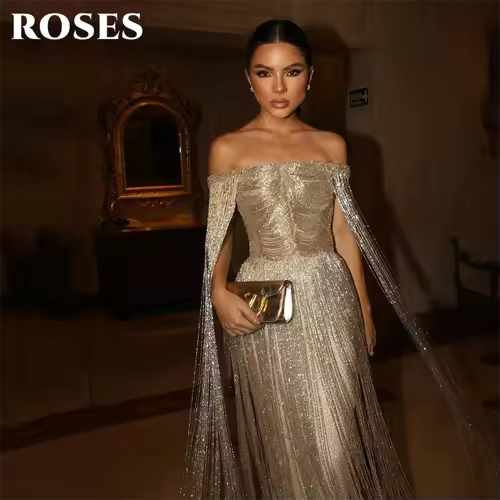 ROSES Gold Luxury Evening Dress Off Shoulder Tassel Party Dresses Cape Sleeve Prom Gown Shiny Mermaid robes du soir Customized - Image 3