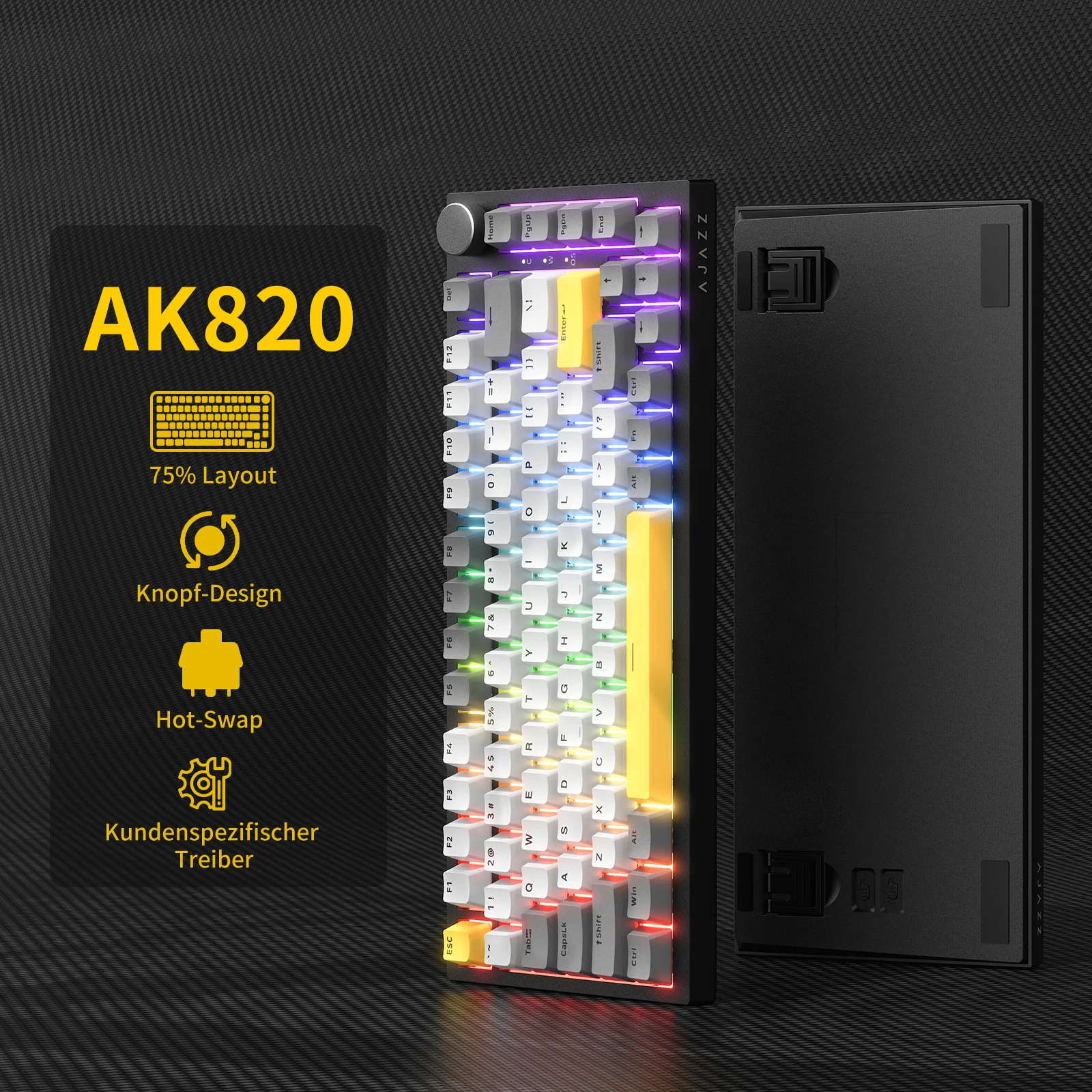 Ajazz AK820 75% Bedrade Mechanische Gaming Keyboard met Volumeknop - Zuidgerichte LED