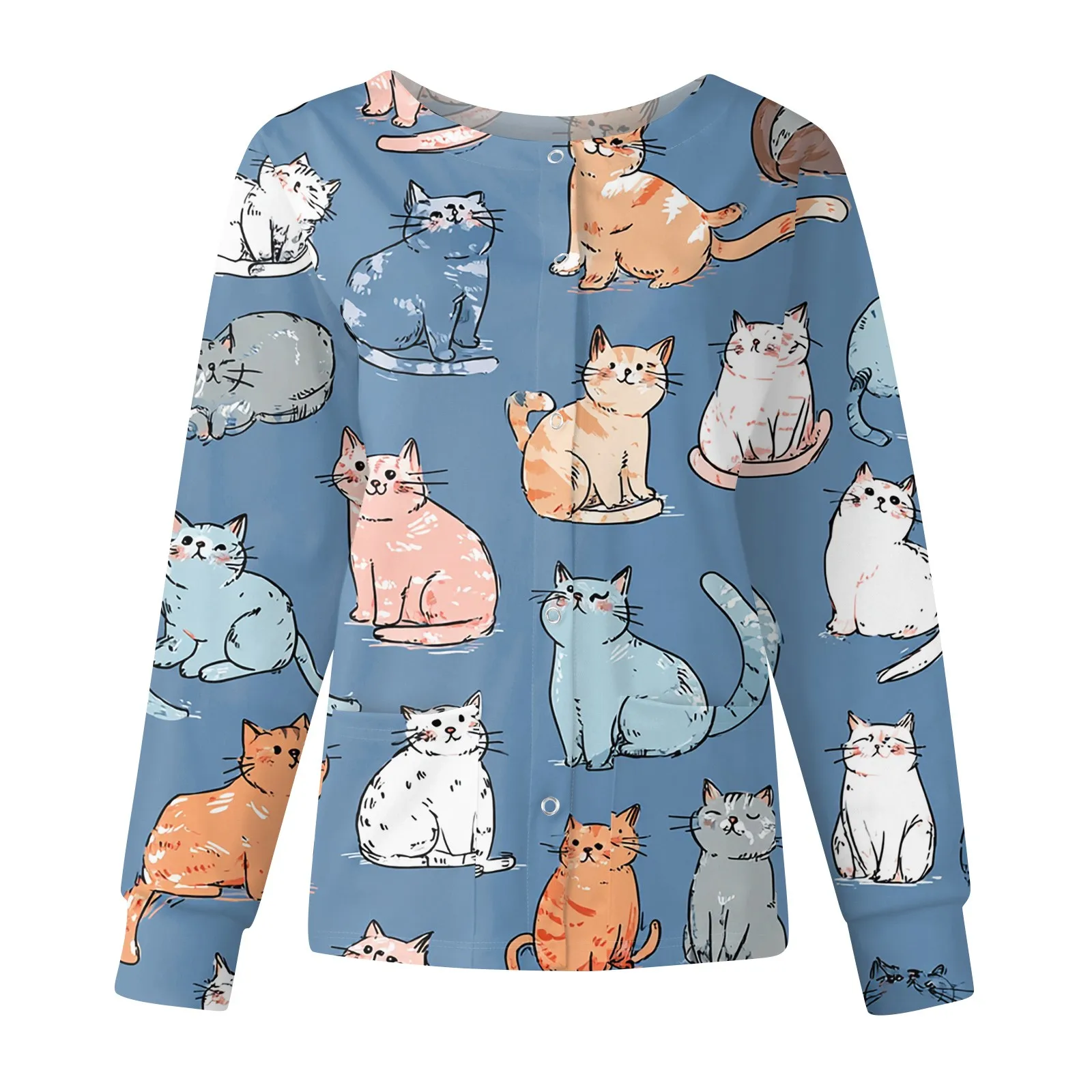 여성용 루즈핏 동물 프린트 간호사 유니폼 긴팔 O넥 싱글 브레스티드 스크럽 탑 뷰티 살롱 작업복