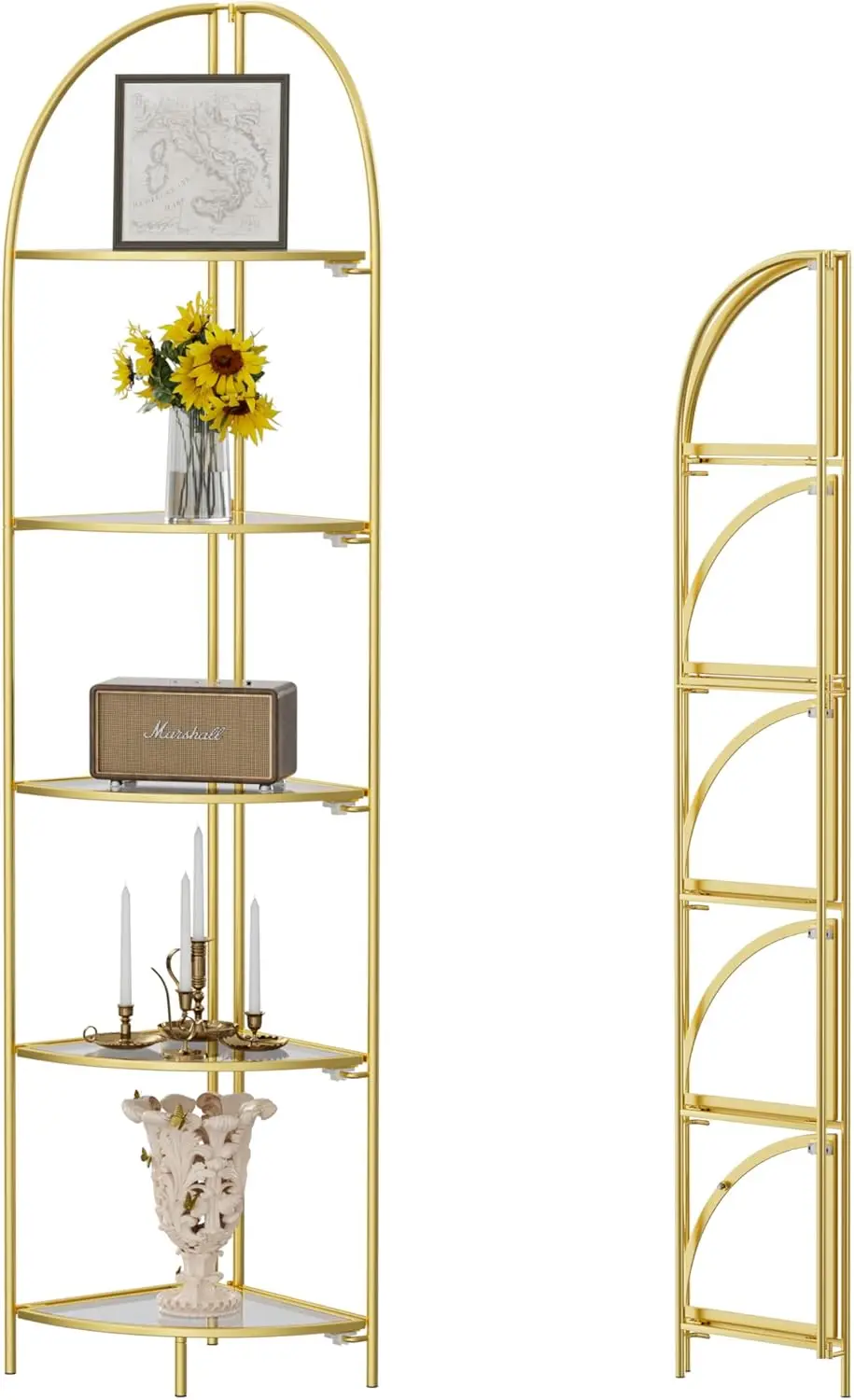

Foldable 5 Tier Corner Shelf, Metal Corner Plant Stand with Gold Frame and Transparent Shelves, Corner Display Rack Multipurpose