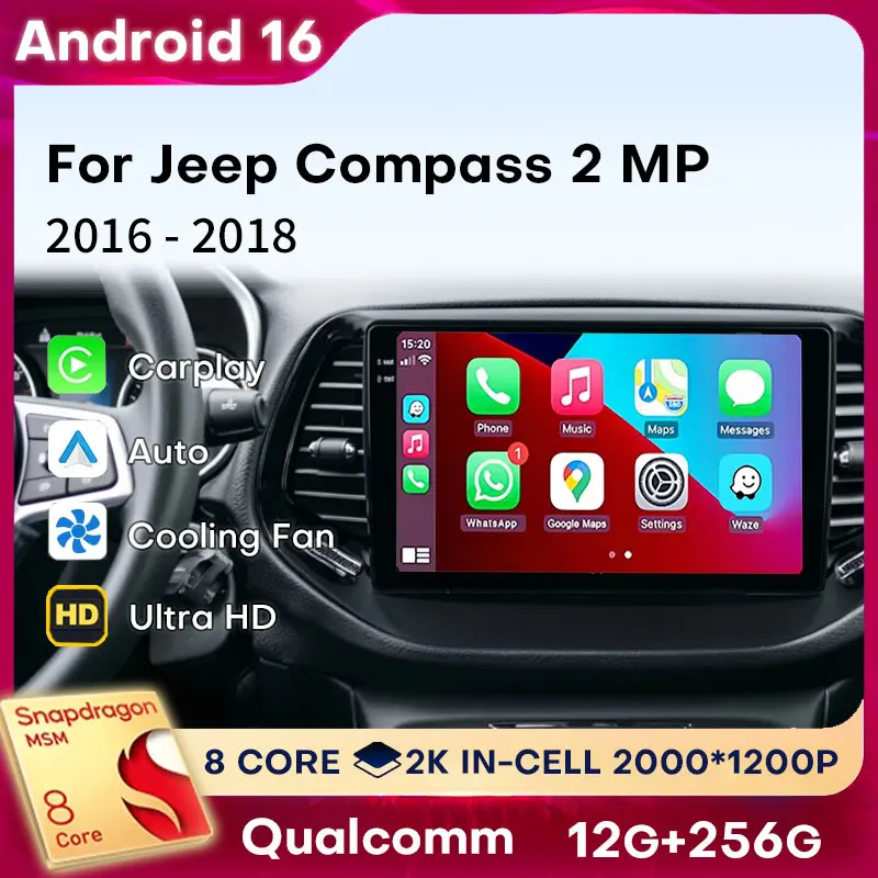 Android 16 Carplay para Jeep Compass 2 MP 2016 2017 2018, Unidad Principal con GPS, Navegación, Radio para Auto 2din, Reproductor Multimedia BT, WIFI, Estéreo
