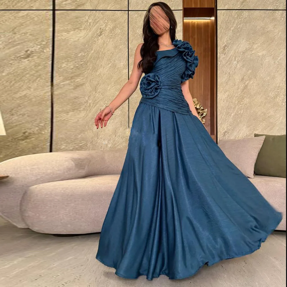 사용자 정의 한 어깨 주름 이브닝 드레스 꽃 우아한 바닥 길이 웨딩 파티 드레스와 라인 긴 댄스 파티 드레스