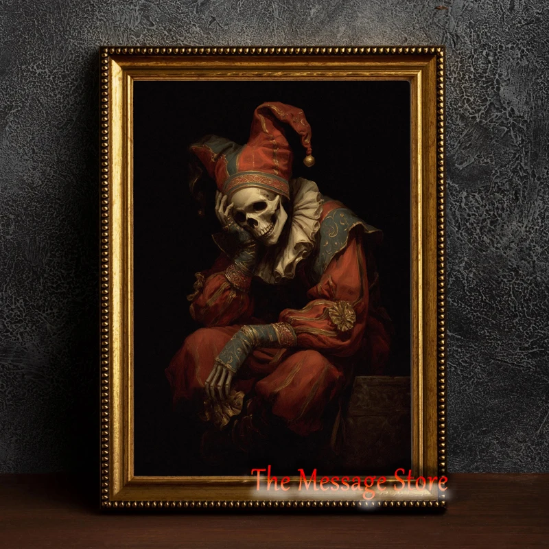 Gothic Skeleton Jester Portrait Renaissance Dark Academia Art Dead Joker Poster Canvas Painting Wall Pictures Home Rrom Decor