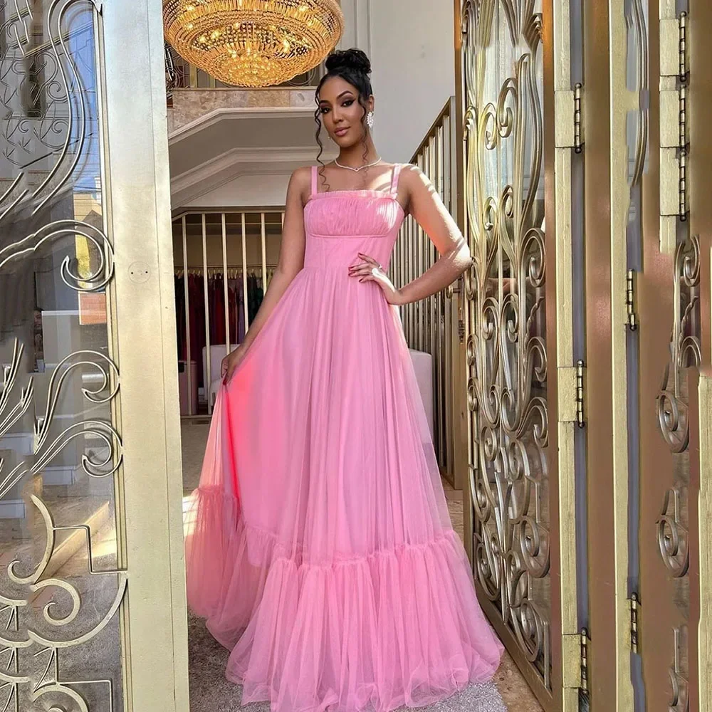 Customized Pink Prom Dresses 2024 Pleats Spaghetti Strap Tiered Fairy Long Evening Gown Graduation Dress For Teen Party Gown Mod