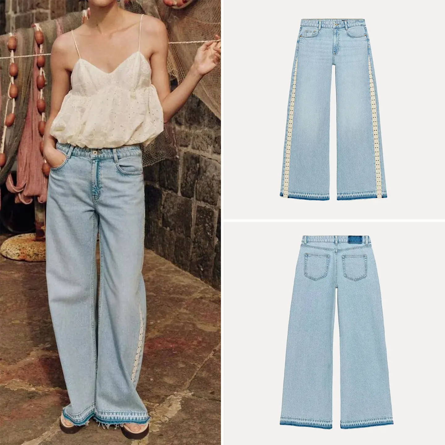 High Waist Wide Leg Spliced Hook Denim Jeans Women's Summer Fashion Match High Waist Straight Leg Wide Leg Splicing Hook Deni...