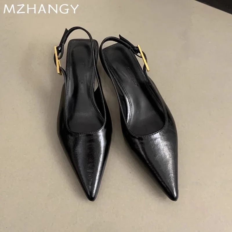 Pointed Toe รองเท้าส้นสูงกลางรองเท้าแตะ Elegant ตื้นรองเท้าผู้หญิง 2025 แฟชั่น Slingback รองเท้าแตะฤดูร้อนปั๊มชุด Mujer De Zapatillas