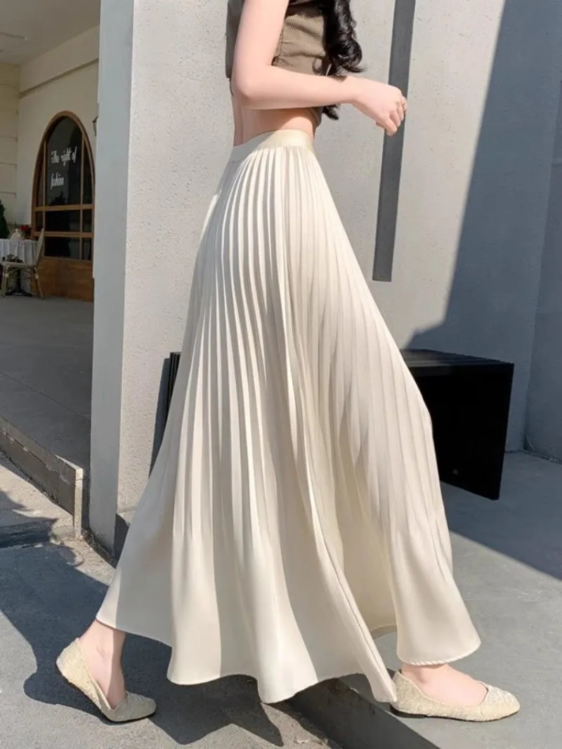 

Новая французская атласная плиссированная юбка женская летняя с высокой талией трапециевидной формы плиссированные большие качели трапециевидной формы однотонные драпированные длинные юбки элегантные